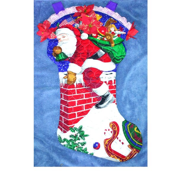 Handmade Christmas Stocking Santa Chimney Scene Vintage-Inspired Holiday Decor - Picture 2 of 5